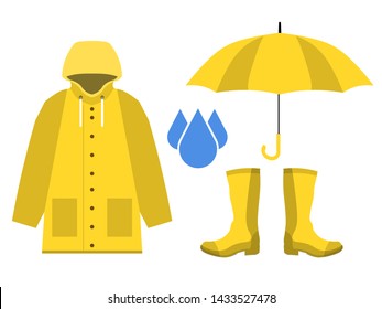 raincoat, rubber boots, open umbrella, set of rainy season in flat on white background design vector eps