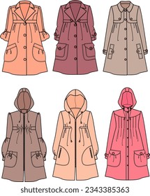 Raincoat set flat sketch. Overcoat apparel design. Front view. Women CAD mockup. Fashion technical drawing template. Vector illustration.