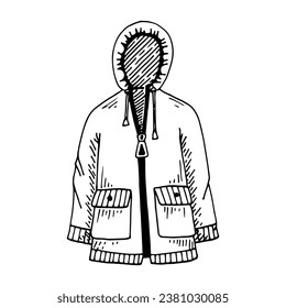 Raincoat sketch. Jacket with hood. Clothing protection from rain. Hand drawn illustration.