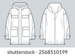 Raincoat technical fashion Illustration. Nylon Jacket fashion flat technical drawing template, pockets, hood, drawstring, oversize, front and back view, white, women, men, unisex Outerwear CAD mockup.