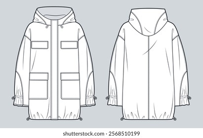 Raincoat technical fashion Illustration. Nylon Jacket fashion flat technical drawing template, pockets, hood, drawstring, oversize, front and back view, white, women, men, unisex Outerwear CAD mockup.