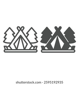 Raincoat tent in forest line and solid icon, eco tourism concept. Vector graphics. Camping tent and fir trees sign on white background, outline style icon for mobile or web design