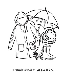 Impermeable con paraguas, bufanda y botas de goma. Ilustración vectorial dibujada a mano aislada. Arreglo de ropa de otoño. Artículo protector, impermeable para el Clima mojado. Clipart para tarjeta, impresión, Sitio web.