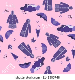 Raincoat and umbrella vector on pink background,rainy season concept.