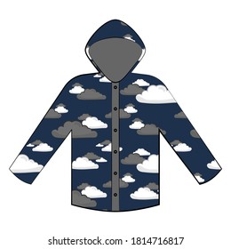Ilustración plana vectorial de la capa de lluvia en un patrón colorido con nubes sobre fondo azul oscuro. Icono plano de cierre de lluvia