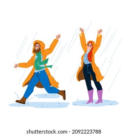 Raincoat Wearing Man And Woman In Rainy Day Vector. Happy Boy And Girl In Raincoat Clothes Running And Enjoying Rain Weather Outdoor. Characters Enjoying Outside Flat Cartoon Illustration