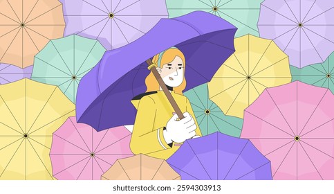 Raincoat woman with umbrella in parasols rain weather lofi wallpaper. Resilience. Dreamy rainy day nostalgia vibes 2D cartoon flat illustration. Vector art image lo fi aesthetic color background