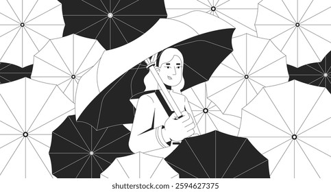 Raincoat woman with umbrella in parasols rain weather lofi illustration outline. Resilience. Dreamy rainy day nostalgia vibes 2D ink linear flat lo fi drawing. Vector line art aesthetic wallpaper