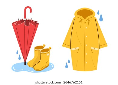 Capas de chuva, guarda-chuvas e botas de chuva. Roupas que protegem você em dias chuvosos.