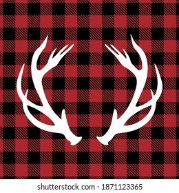 Raindeer antlers - on Red and black tartan plaid scottish Seamless Pattern. Greeting card text Calligraphy phrase for Christmas or other gift. Xmas greetings cards, invitations.