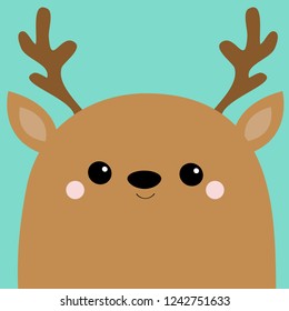 Raindeer deer head face. Big horns. Merry Christmas. Happy New Year. Cute cartoon kawaii baby character. Funny animal. Flat design. Hello winter. Blue background. Vector illustration