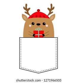 Raindeer deer head face holding gift box. T-shirt pocket. Red hat, nose, horns. Merry Christmas. Hapy New Year. Cute cartoon kawaii baby character. Funny animal. Flat design. White background. Vector