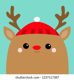 Raindeer deer head face. Red hat, nose, horns. Merry Christmas. Happy New Year. Cute cartoon kawaii baby character. Funny animal. Flat design. Hello winter. Blue background. Vector illustration