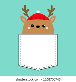 Raindeer deer head face. T-shirt pocket. Red hat, nose, horns. Merry Christmas. Happy New Year. Cute cartoon kawaii baby character. Funny animal. Flat design. Hello winter. Blue background. Vector