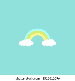 raindow with white clouds. icon isolated  on blue. Overcast icon. Vector air flat illustration. Cartoon weather sign. Happy day. Season symbol. 