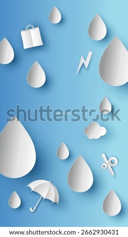 Raindrop background template for sale. Monsoon sale templates. Rainy season. paper cut and craft style. vector, illustration.