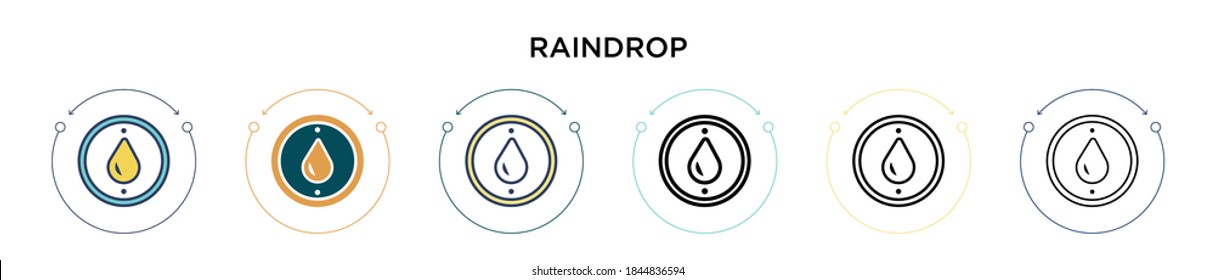 Raindrop icon in filled, thin line, outline and stroke style. Vector illustration of two colored and black raindrop vector icons designs can be used for mobile, ui, web