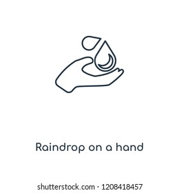 Raindrop on a hand concept line icon. Linear Raindrop on a hand concept outline symbol design. This simple element illustration can be used for web and mobile UI/UX.