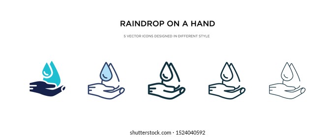 raindrop on a hand icon in different style vector illustration. two colored and black raindrop on a hand vector icons designed in filled, outline, line and stroke style can be used for web, mobile,