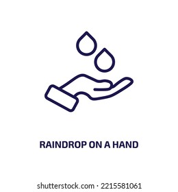 Raindrop On A Hand Icon From Ecology Collection. Thin Linear Raindrop On A Hand, Rain, Water Outline Icon Isolated On White Background. Line Vector Raindrop On A Hand Sign, Symbol For Web And Mobile