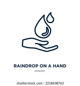 Raindrop On A Hand Icon From Ecology Collection. Thin Linear Raindrop On A Hand, Rain, Nature Outline Icon Isolated On White Background. Line Vector Raindrop On A Hand Sign, Symbol For Web And Mobile