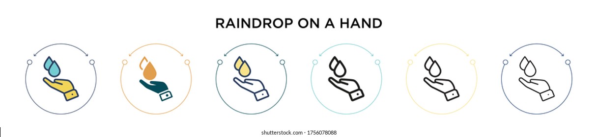 Icono de la mano con un estilo relleno, delgado, de contorno y de trazo. Ilustración vectorial de dos gotas de lluvia coloreadas y negras en un icono vectorial de mano se puede usar para móviles, ui, web