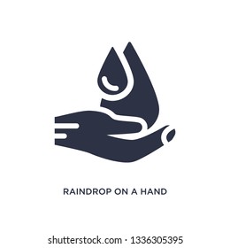 raindrop on a hand isolated icon. Simple element illustration from ecology concept. raindrop on a hand editable logo symbol design on white background. Can be use for web and mobile.