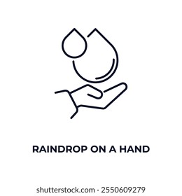 raindrop on a hand outline icon. Linear vector from ecology concept. Thin line raindrop on a hand icon isolated on white background