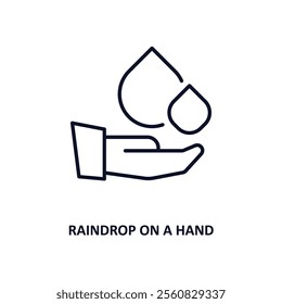 raindrop on a hand outline icon.  Thin line icon from ecology collection. Editable vector isolated on white background