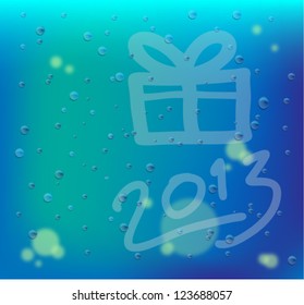 Raindrop on windows glass with drawing firework