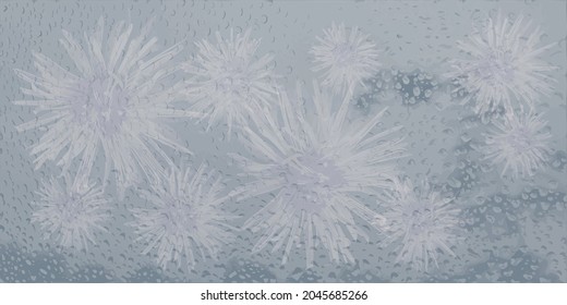 Gotas de lluvia y flores de verano sobre un fondo azul, estilo realista, ilustración vectorial. Burbujas de agua limpia en el vaso de la ventana. Resumen de fondo texturado para tu diseño.
