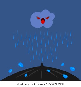 raindrops falling on the black top of the umbrella angry cartoon character cloud with evil red eyes concept of nature and bad weather