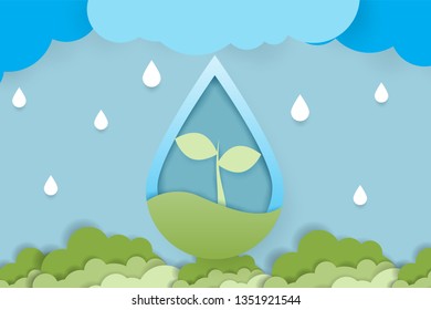 raindrops falling with tree seeds in paper art style