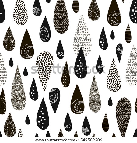 Raindrops hand drawn black and white vector seamless pattern. Monochrome doodle dribbles on white background. Cartoon zigzag, scrabble, circle spot drops flat illustration. Textile, wrapping paper