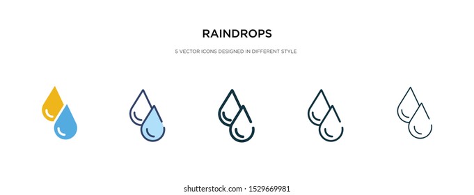raindrops icon in different style vector illustration. two colored and black raindrops vector icons designed in filled, outline, line and stroke style can be used for web, mobile, ui