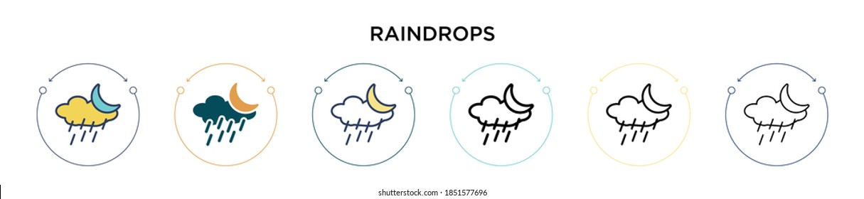 Raindrops icon in filled, thin line, outline and stroke style. Vector illustration of two colored and black raindrops vector icons designs can be used for mobile, ui, web