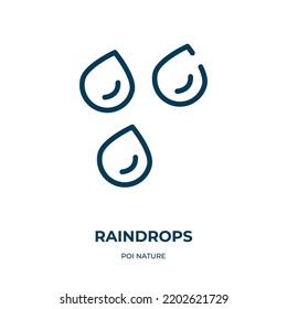 Raindrops icon. Linear vector illustration from poi nature collection. Outline raindrops icon vector. Thin line symbol for use on web and mobile apps, logo, print media.