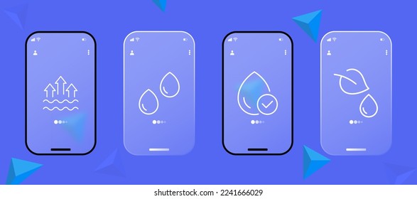 Raindrops icon set. Leaf, water drops, evaporation, oil, 100 percent natural, fuel, diesel, smooth, surface. Water concept Glassmorphism style. Ui phone app screen.