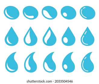 Iconos de las gotas de lluvia. Desplome salpicaduras, formas de caída frescas. Gotas de agua azul aisladas, de combustible o de lluvia. Lágrima humana, elementos vectores líquidos exactos