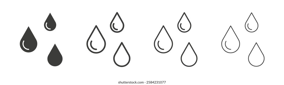 Raindrops icons set. Liner outlined and flat black color