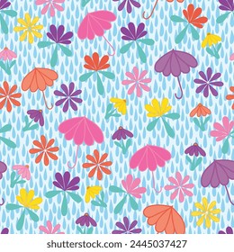 Raindrops make colorful spring flowers and umbrellas seamless pattern print background