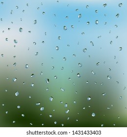 
Raindrops on glass, beautiful background blue with green