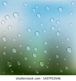 Raindrops on glass, beautiful background blue with green, vector