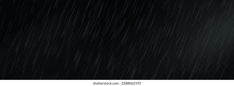 Raindrops on transparent background, downpour, hail, snow. Vector png, illustration for banner, postcard, advertising, realistic rain for design.