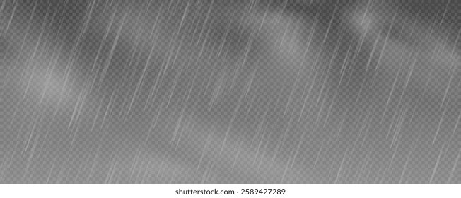 Raindrops on transparent background, downpour, hail, snow. Vector png, illustration for banner, postcard, advertising, realistic rain for design.
