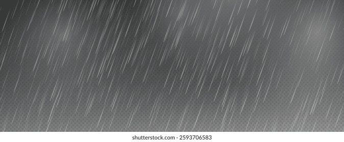 Raindrops on transparent background, downpour, hail, snow. Vector png, illustration for banner, postcard, advertising, realistic rain for design.
