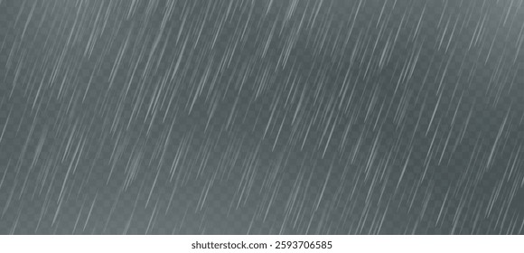 Raindrops on transparent background, downpour, hail, snow. Vector png, illustration for banner, postcard, advertising, realistic rain for design.