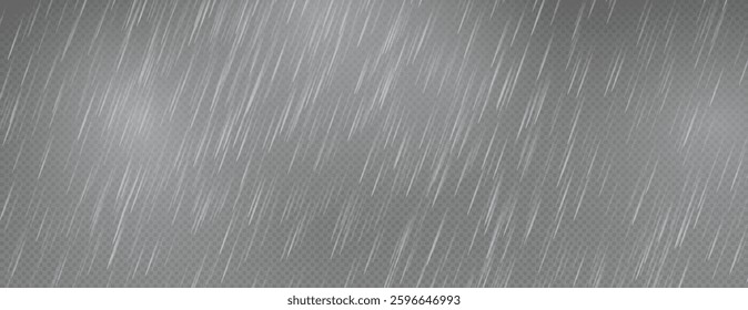 Raindrops on transparent background, downpour, hail, snow. Vector png, illustration for banner, postcard, advertising, realistic rain for design.