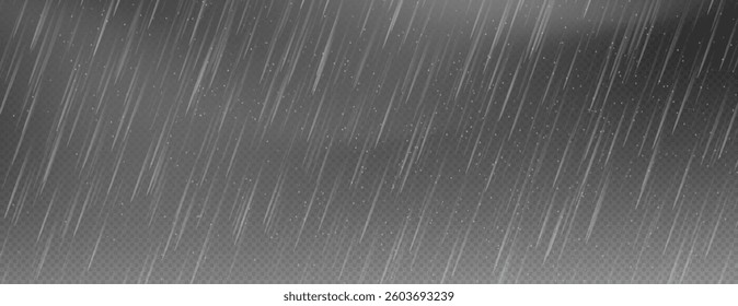 Raindrops on transparent background, downpour, hail, snow. Vector png, illustration for banner, postcard, advertising, realistic rain for design.