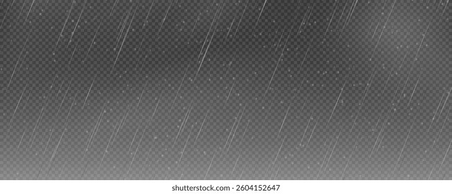 Raindrops on transparent background, downpour, hail, snow. Vector png, illustration for banner, postcard, advertising, realistic rain for design.